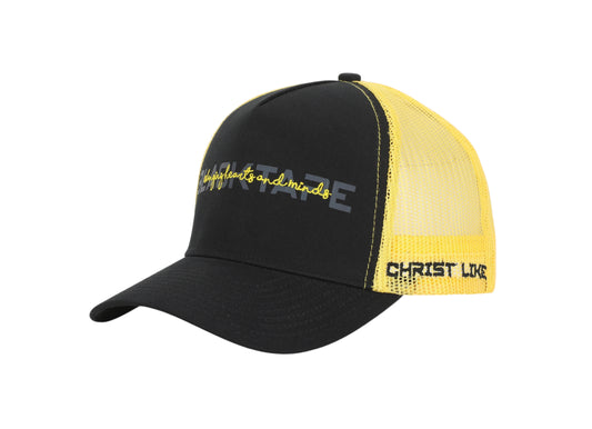 Blacktapechamchristlike 5-panel mesh baseball cap in black and yellow with Christ Like embroidery on the side.