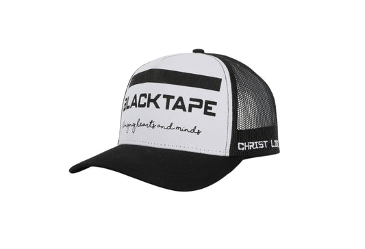 Blacktapechamchristlike 5-panel mesh baseball cap in black and white with front and side embroidery