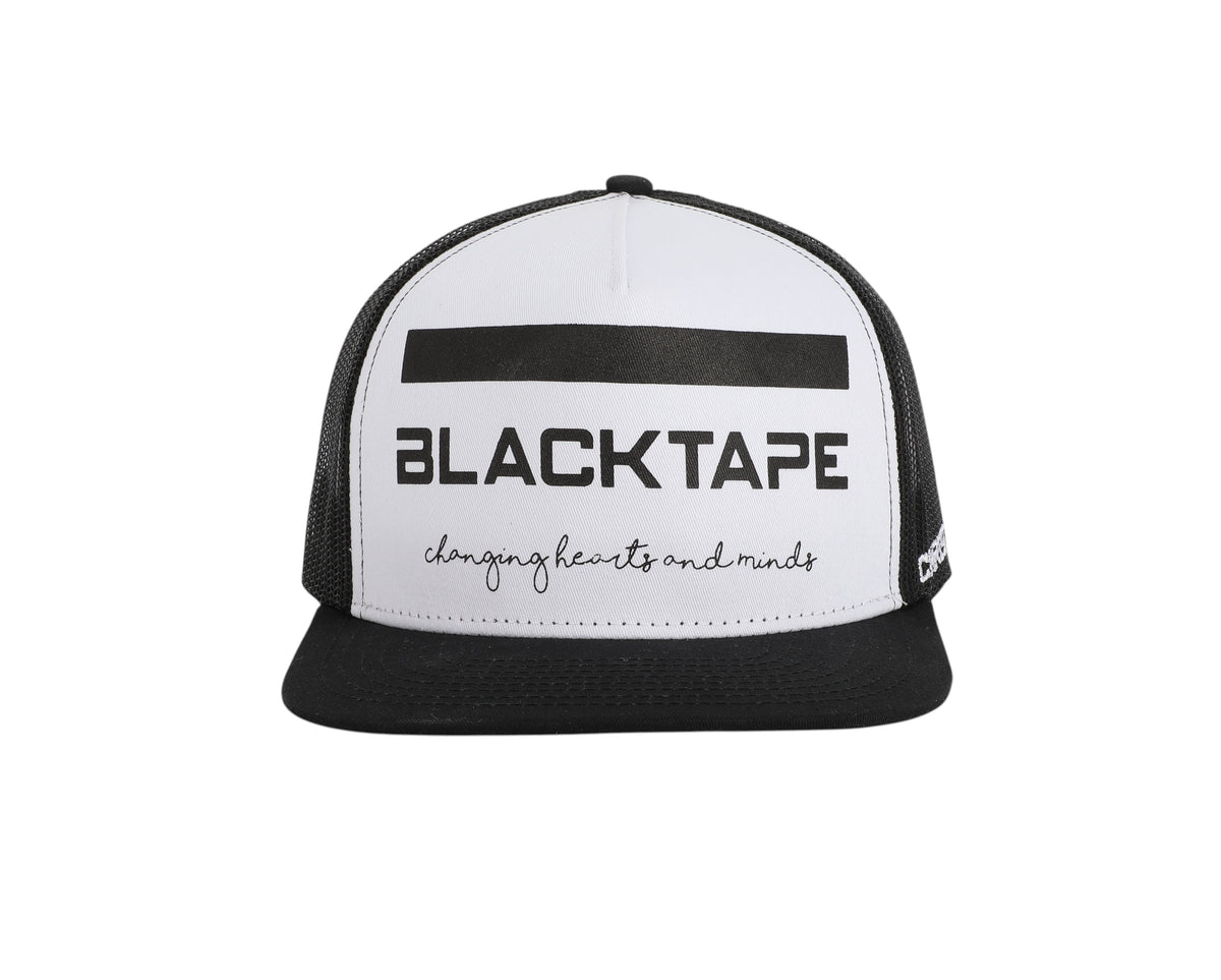 Blacktapechamchristlike 5-panel mesh snapback cap in white and black with embroidered logo and text on front panel