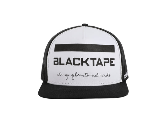 Blacktapechamchristlike 5-panel mesh snapback cap in white and black with embroidered logo and text on front panel