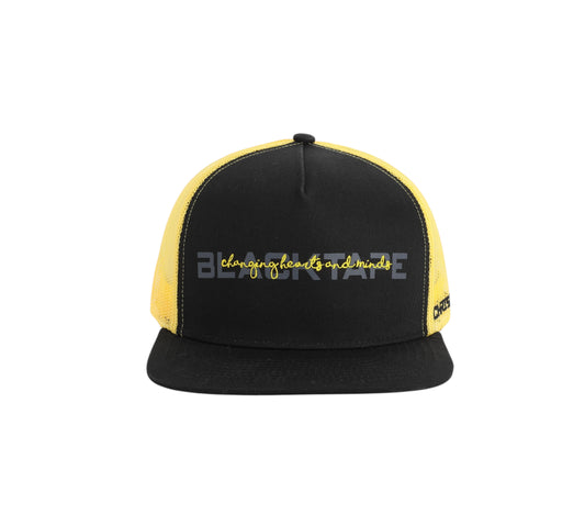 Blacktapechamchristlike 5-panel mesh snapback cap in black and yellow with changing hearts and minds embroidery