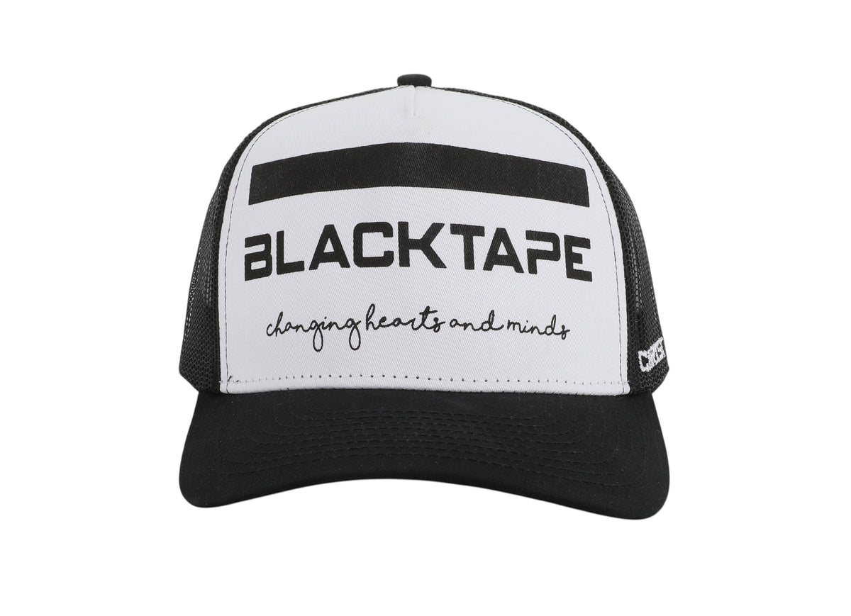 Blacktapechamchristlike 5-panel mesh trucker cap in black and white with front logo and side embroidery