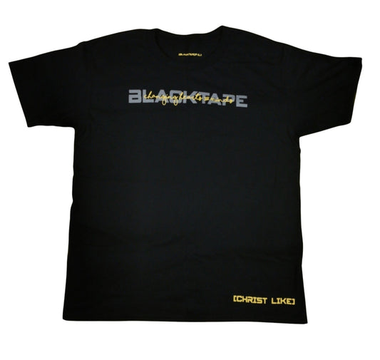 Blacktapechamchristlike Night Sun unisex black cotton crew tee with yellow and grey screen-printed graphic details.