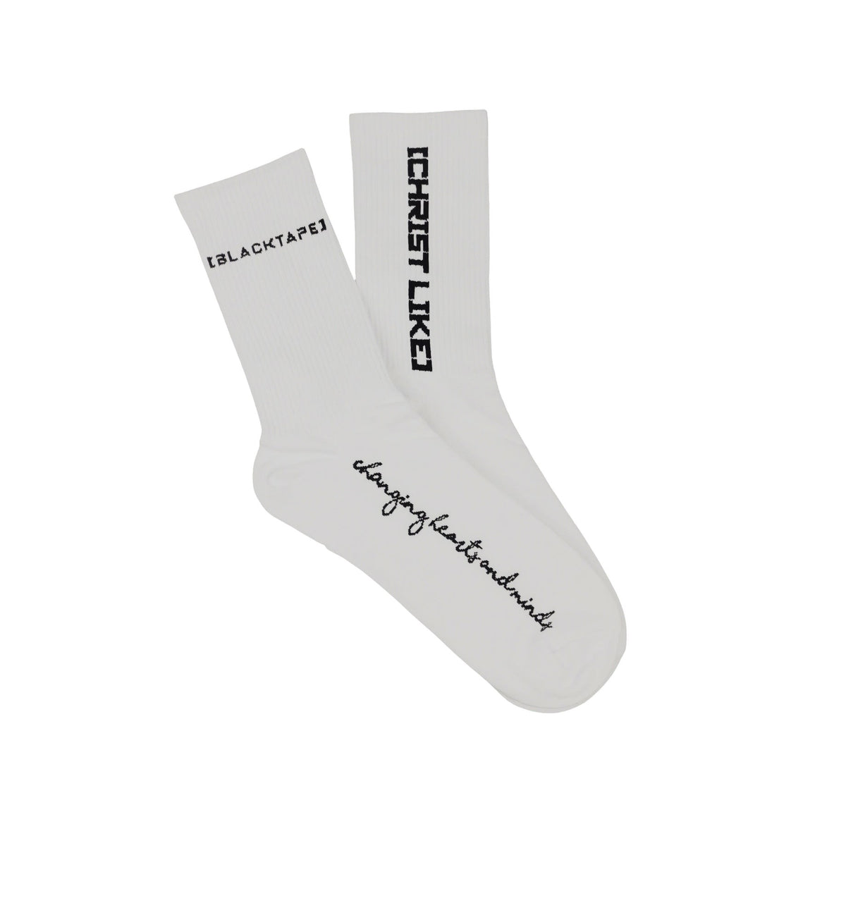 Blacktapechamchristlike white cotton crew socks with black embroidered text and Christ Like branding
