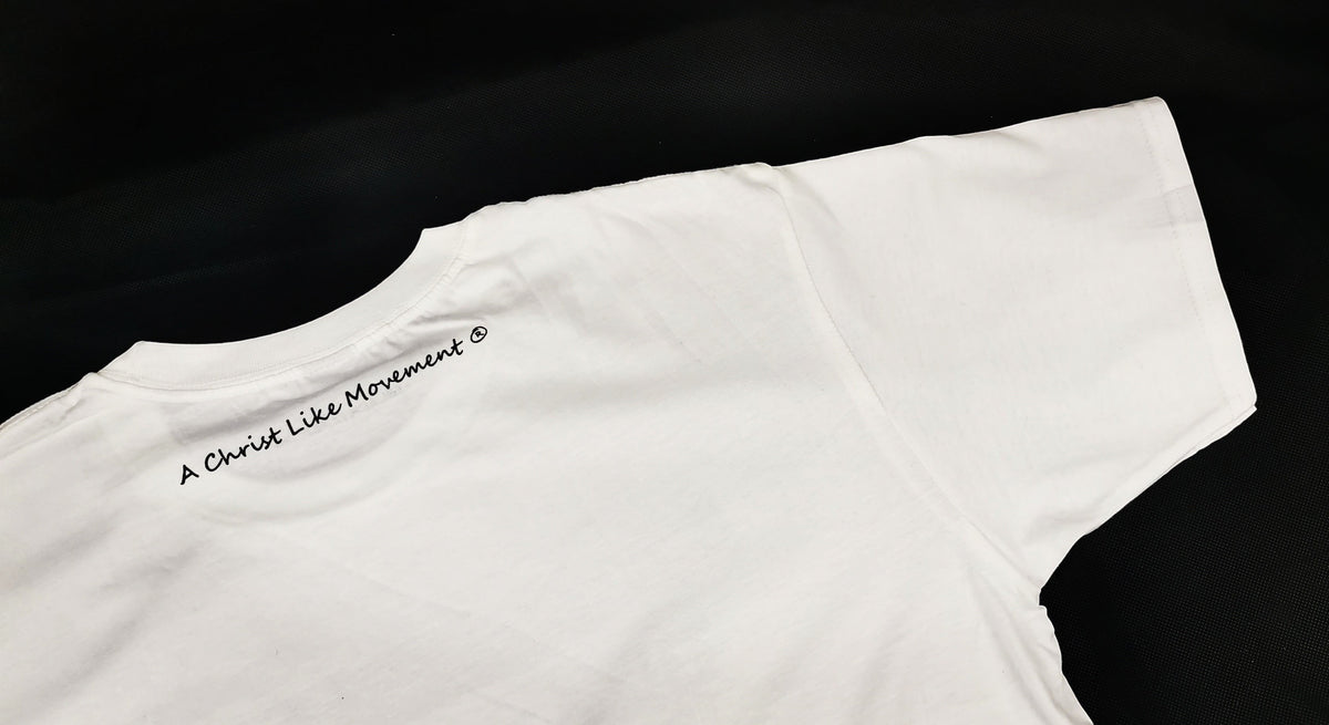 Blacktapechamchristlike white cotton crew neck t-shirt featuring A Christ Like Movement text on the back