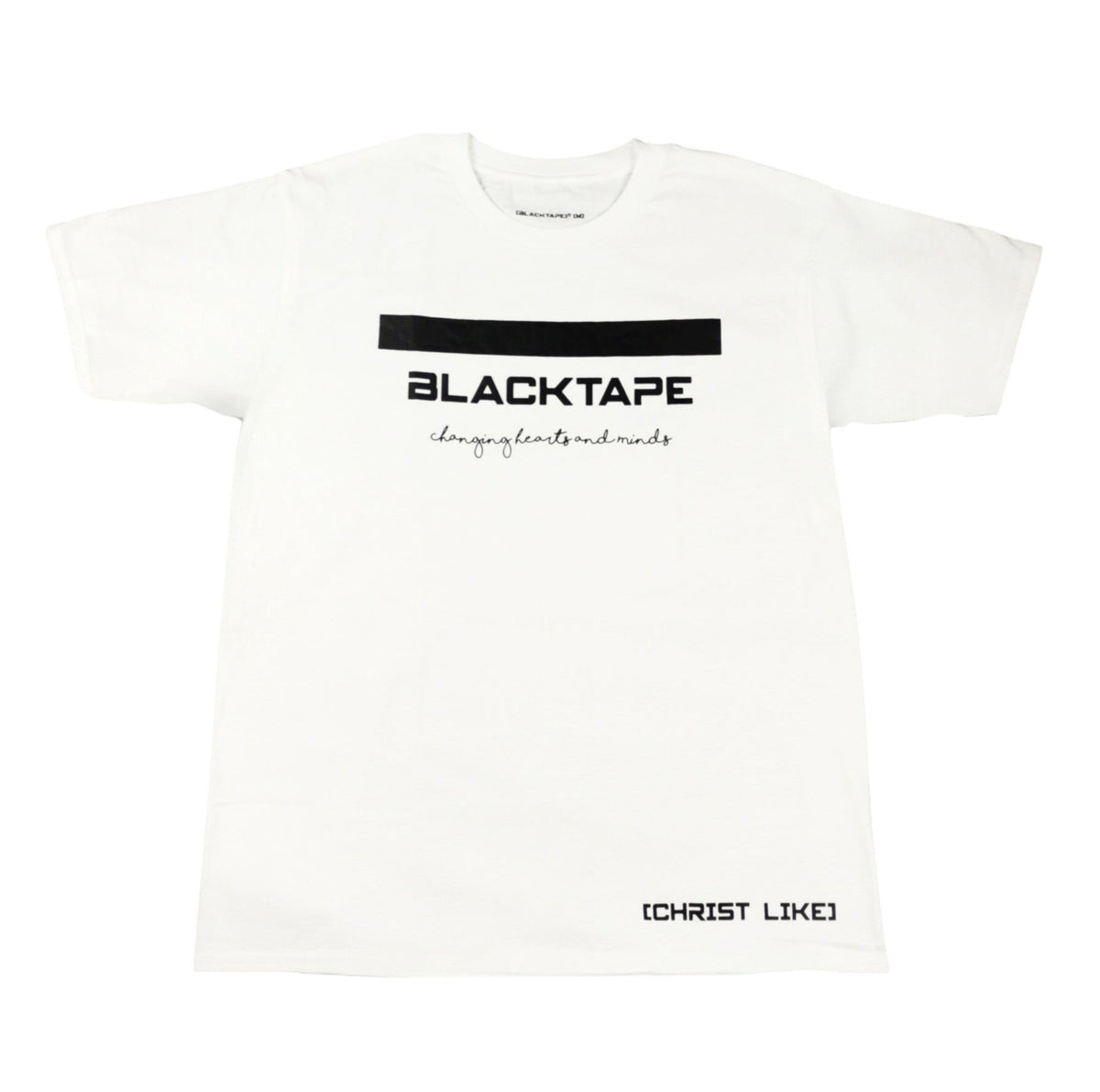 Blacktapechamchristlike white unisex crew neck t-shirt with black screen-printed graphic text on 100% combed cotton.