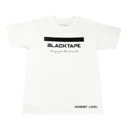 Blacktapechamchristlike white unisex crew neck t-shirt with black screen-printed graphic text on 100% combed cotton.