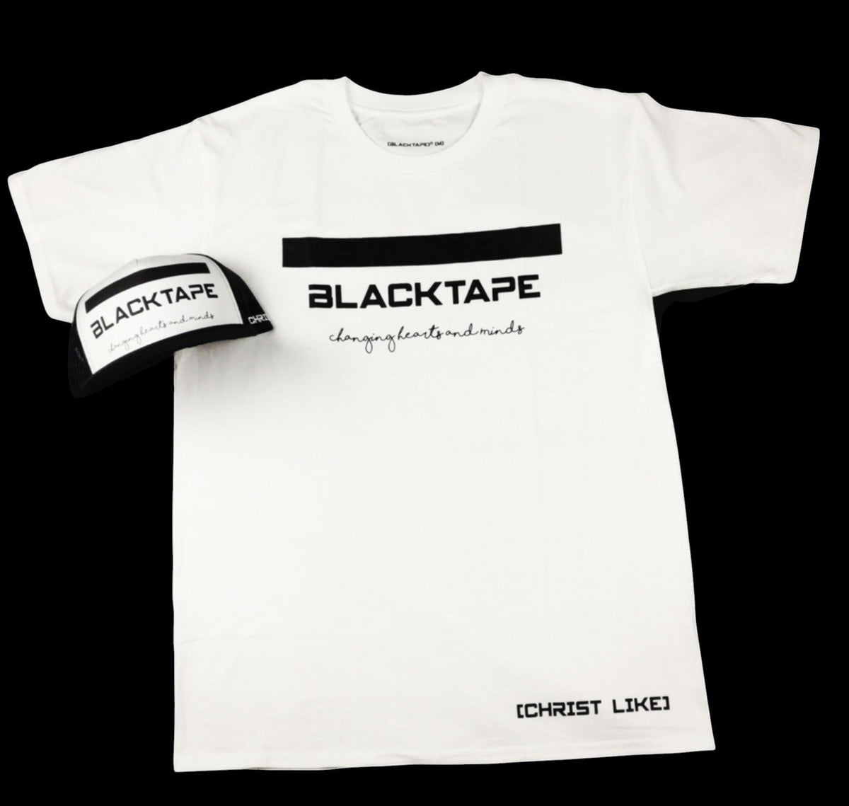 Blacktapechamchristlike white cotton crew neck t-shirt with black graphic print and matching trucker hat
