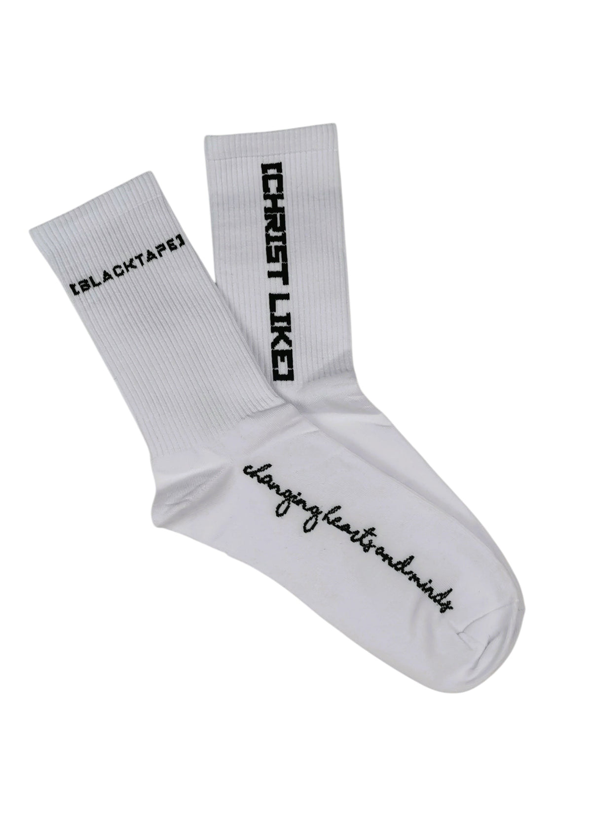 Blacktapechamchristlike white crew socks with black embroidered text detailing and ribbed cuffs