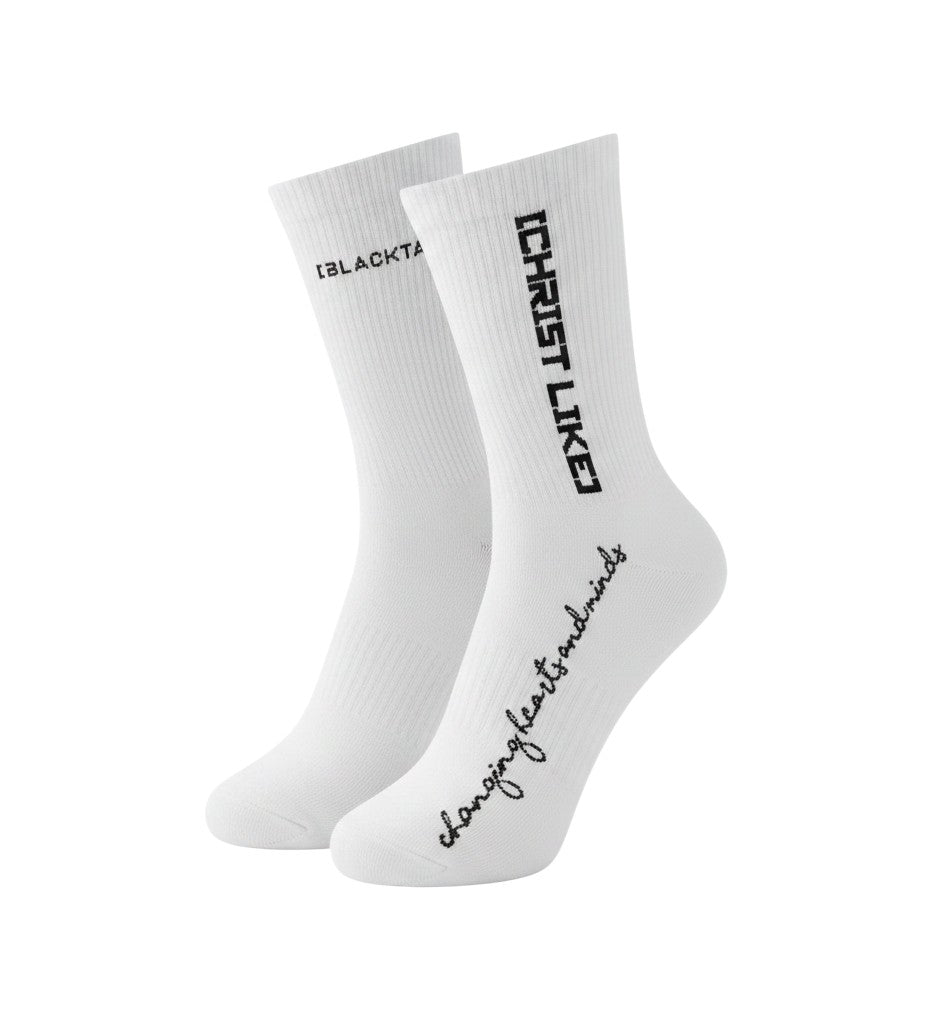 Blacktapechamchristlike white cotton crew socks with black embroidered Christ Like text and script lettering